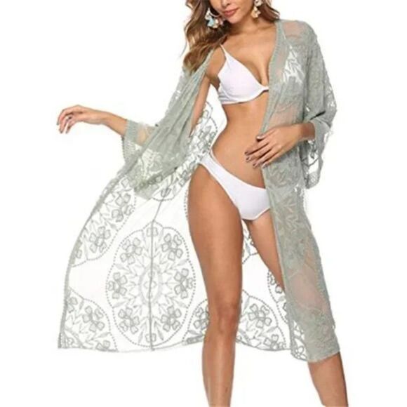 New Women's Lace Cardigan Floral Crochet Sheer Beach Bikini Cover Ups green - Picture 2 of 6